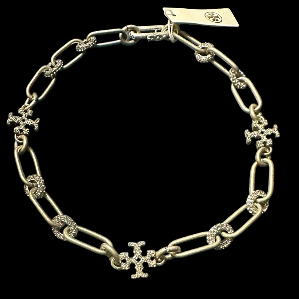 NEW Auth. Tory Burch Antique Silver and Pave Roxanne Chunky Necklace with Tag